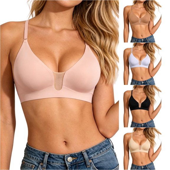 HNMKIU Lace Underwire Bra Back Strappy Full Coverage Everyday Comfort T-Shirt Daily Solid Seamless Design Pink - S
