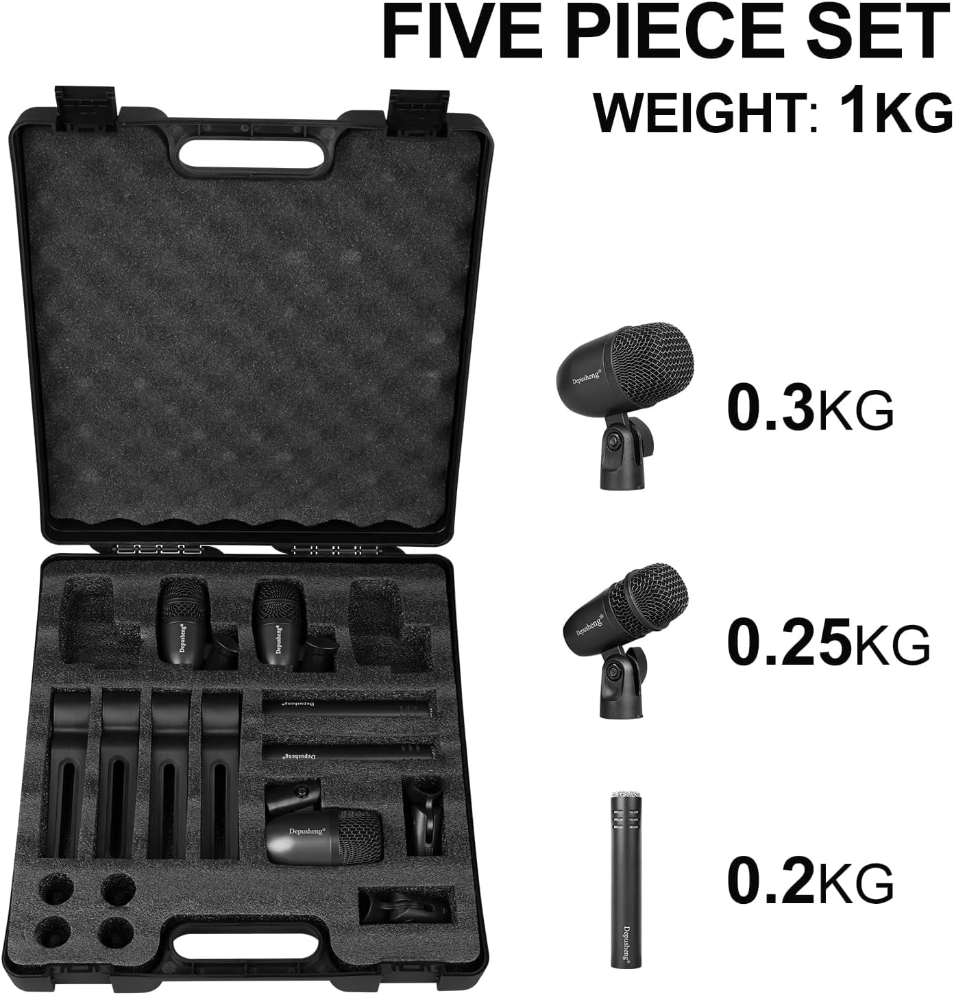 5-Piece Drum Microphone Set with Dynamic and Condenser Mics for Recording