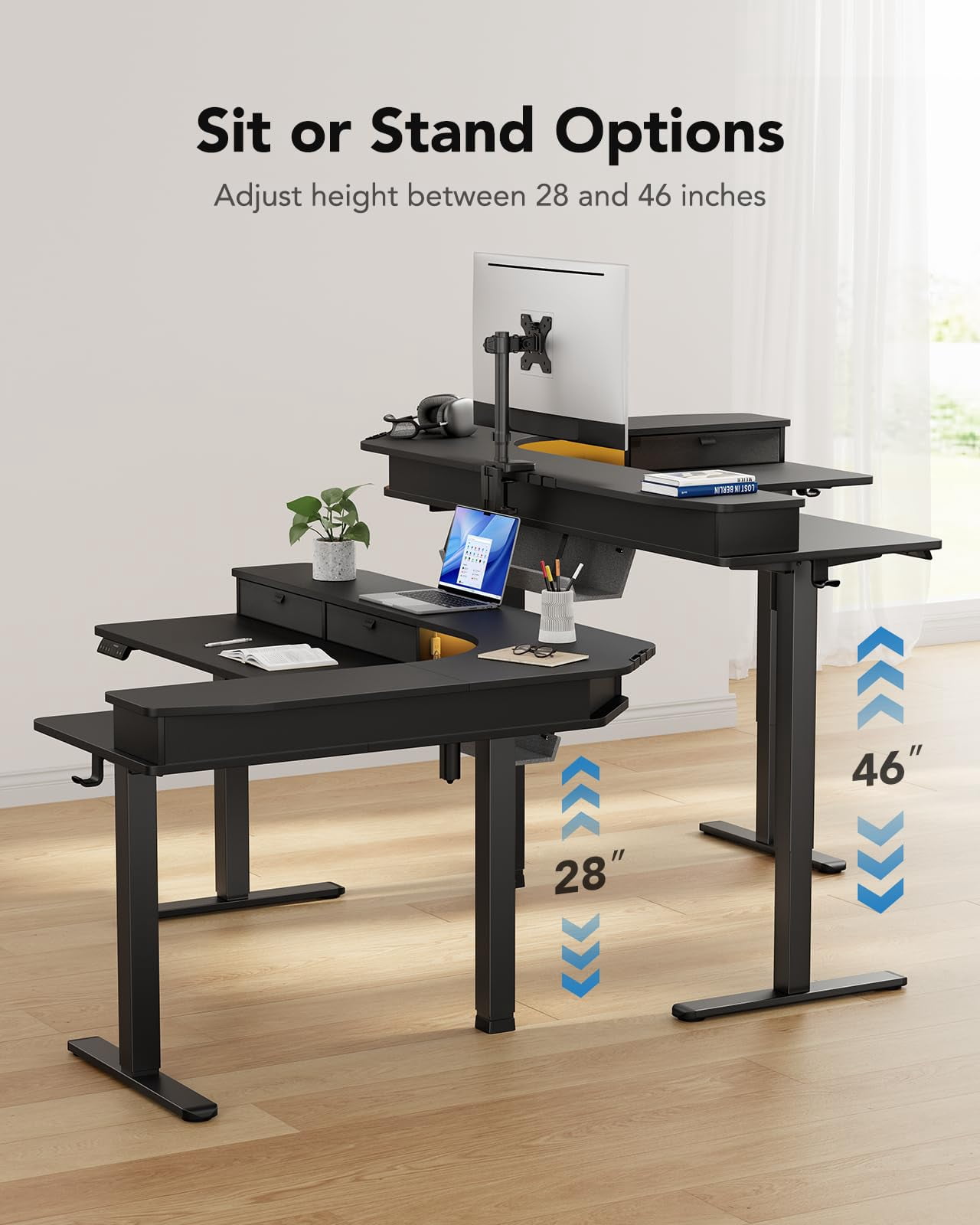 65″ L-Shaped Standing Desk with Power Outlets & LED Strip, Support C-Clamp Mount, Electric Height Adjustable Corner Computer Desk with 3 Drawers, Sit Stand Up Desk with Large Power Strip Holder