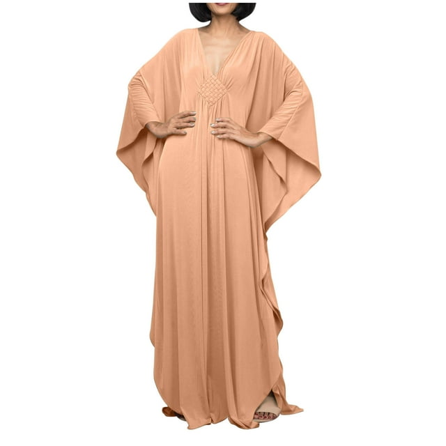 Taqqpue Maillot de Bain de Plage pour Femmes, Robe Kaftan à Manches Longues, Robe Maxi à Col en V, Tenue de Plage Décontractée pour l'Été