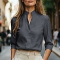 thumbnail image 2 of VBVC Women's Linen Stand Collar V Neck Blouse, Ladies' Long Sleeve Work Shirt, Elegant Office Top For Women, Dark Gray , S-2XL, 2 of 8