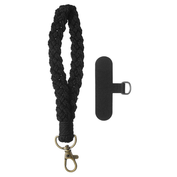 Boho Macrame Keychain, Handmade Wristlet Bracelet Keychain Keyring Holder Key Wrist Lanyard Phone Wrist Strap with T-shaped Pad for Women Girls, Black