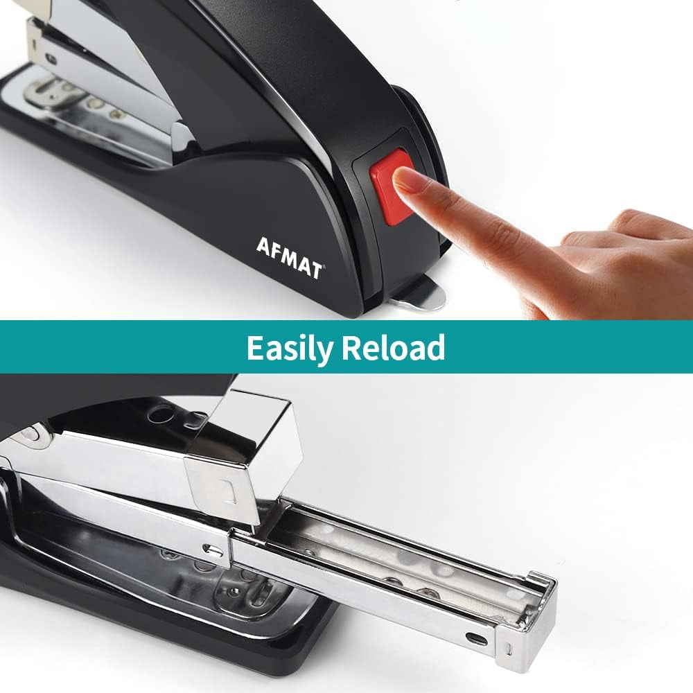 Stapler for Desk, 50 Sheet Effortless Desktop Stapler Staple with One Finger, Portable Ergonomic Handheld Staplers Heavy Duty, Built-in Remover, Space Save Size, Good for Home & Office ES10