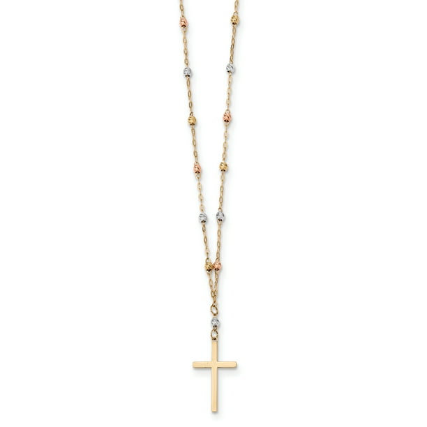 14k Tri Color Gold Diamond Cut Beaded Cross Necklace Pendant Charm