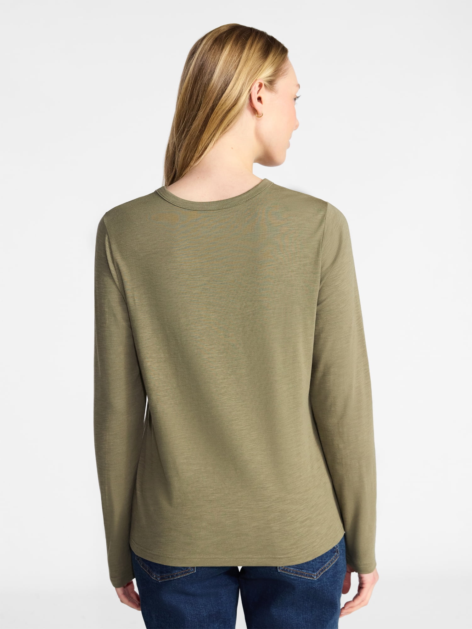 Time and Tru Women’s Slub Crewneck Tee with Long Sleeves, Sizes XS-XXXL