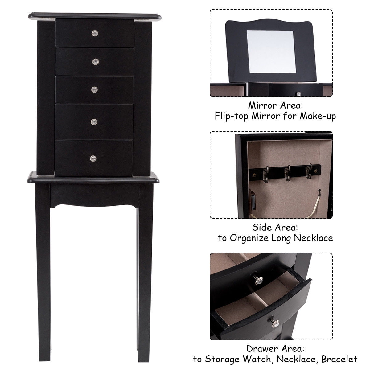 Gymax Mirrored Jewelry Cabinet Armoire Storage Chest Stand