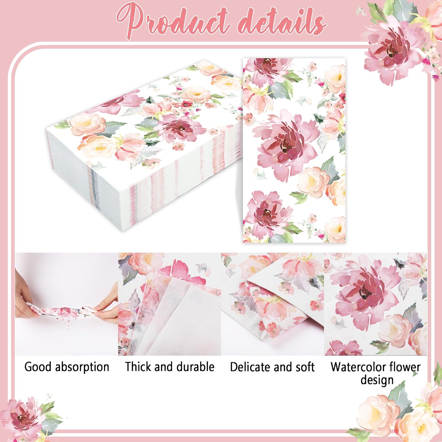 50 PCS Floral Paper Napkins Watercolor Flower Guest Napkins 3-Ply Disposable Dinner Napkins Decorative Paper Hand Towels for Wedding Bridal Baby Shower Tea Party Birthday, 4.3 x 7.9 Inch