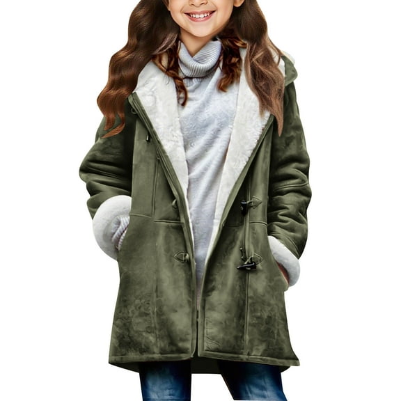 BFHHYA Girls Sherpa Fleece Jacket Button-up Warm Hooded Coat Mid-Length Long Sleeve Winter Outerwear with Pockets for Family Outings (5-14Y)