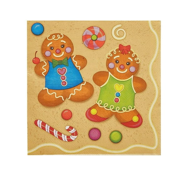 Serviettes de Cocktail - Lot de 100 Serviettes en Papier Jetables, Fournitures de Fête de Noël, 2 Épaisseurs, Design Mignon de Biscuits en Pain d'Épice pour Garçons et Filles, Dépliées 13 x 13 Pouces, Pliées 6.5 x 6.5 Pouces