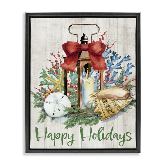 Stupell Industries Happy Holidays Nautical Lantern Holiday Painting Black Floater Framed Canvas Art Print Wall Art, 17 x 21