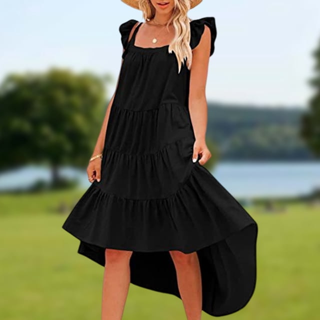 Vestido Largo Con Volantes Vestido casual de mujer Vestido de verano de algodón de corte bajo Vacaciones de vacaciones (Negro M) Cgtredaw Para estrenar