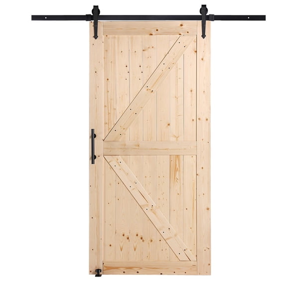 42 x 84 Inch Spruce Wood Sliding Barn Door Kit with 8 in 1 Floor Guide Door Handle Easy to Install Smooth Quiet Hardware