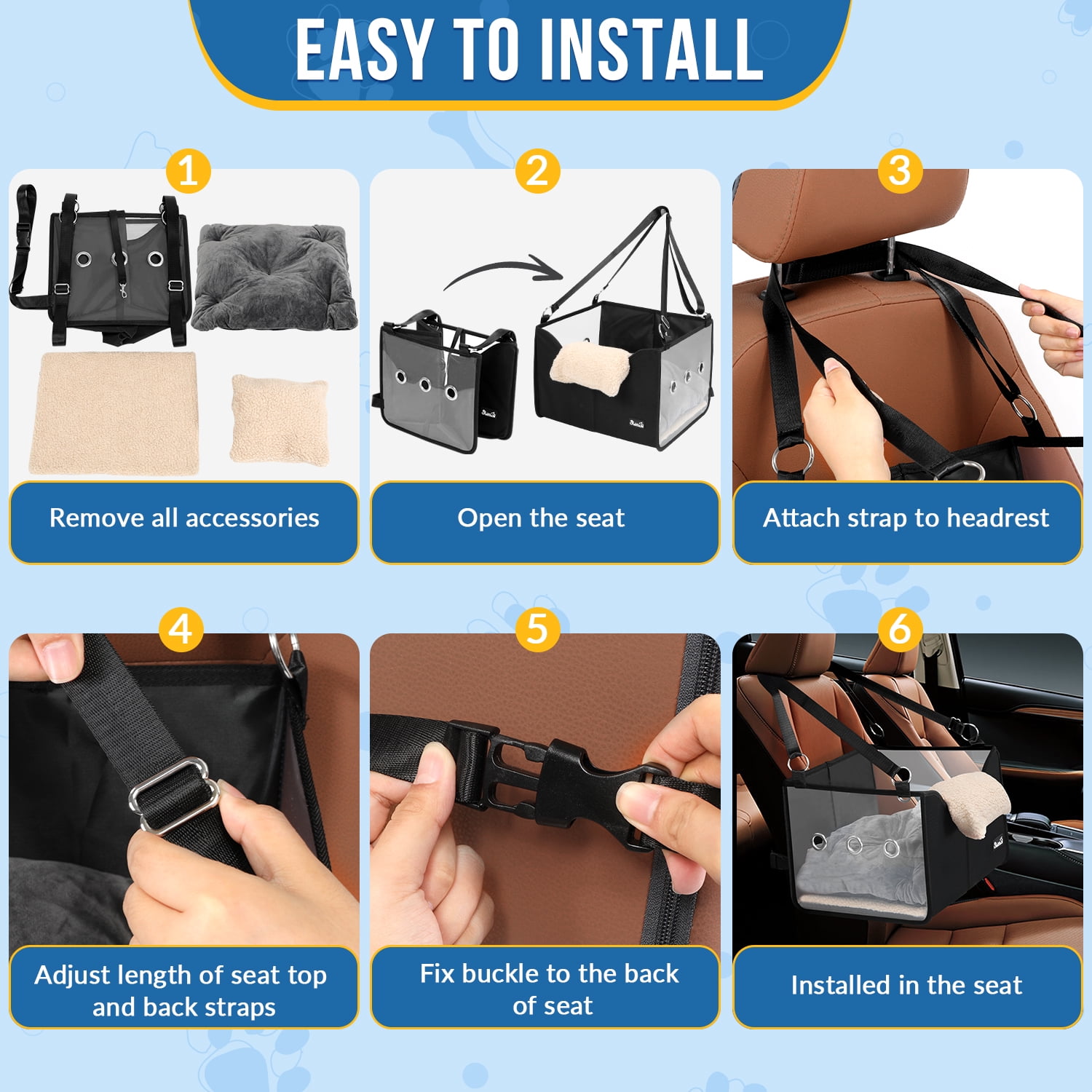 AUTOWT Dog Car Seat - Detachable Booster with Safe Leash, Foldable with Clear Panel for Pets Under 18 lb