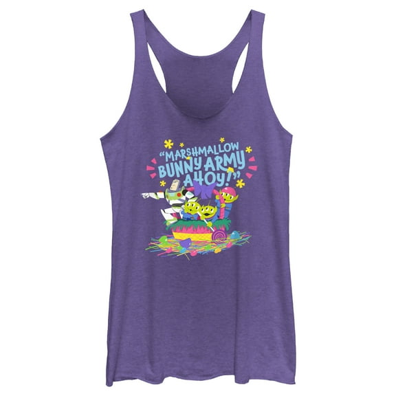 Women's Toy Story Easter Buzz Lightyear and Aliens Marshmallow Bunny Army Ahoy  Racerback Tank Top Purple Heather 2X Large