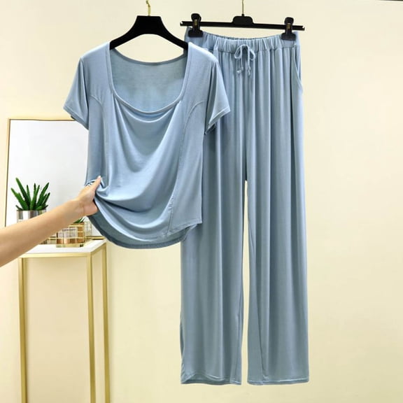 YueHuiYing Woman's Leisure Loose Solid Color Round Neck T-shirt Pajamas Pants Cool Homewear Pajama Set