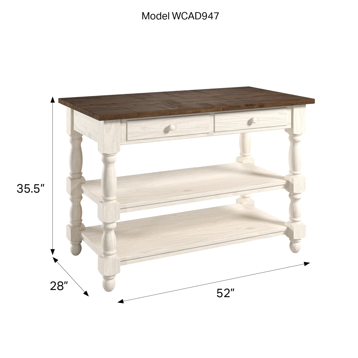 OSHOME 52" Farmhouse Kitchen Island with Drawers and Shelves – Solid Wood Kitchen Prep Table, Harvest White with Distressed Brown Top