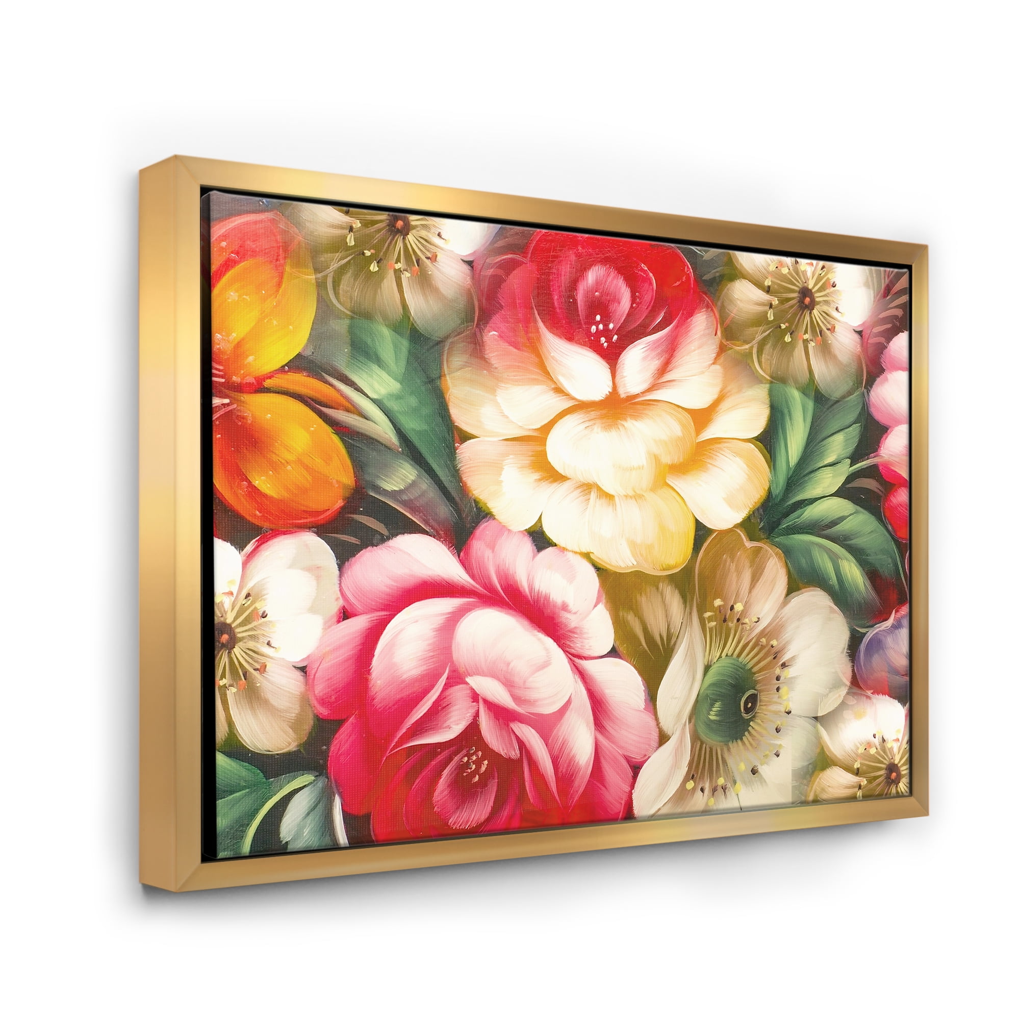 Designart 'Red and Yellow VIntage Flowers' Traditional Framed Canvas Wall Art Print