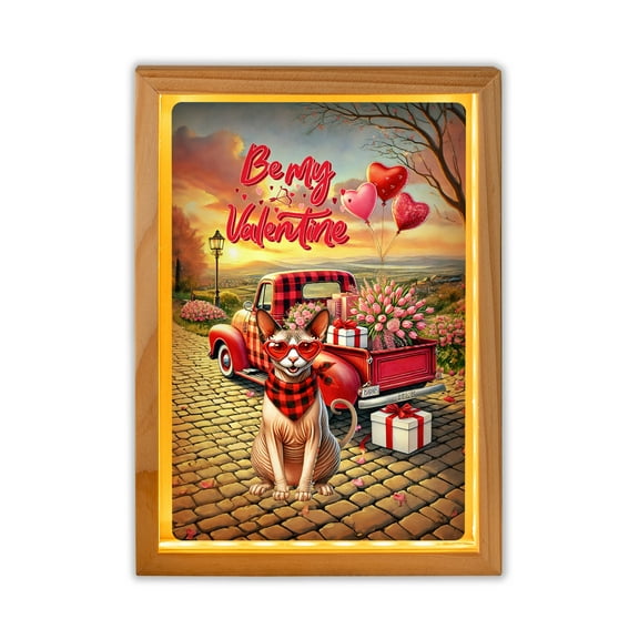 Be My Valentine's Sphynx Truck Full of Love Flower Balloon Acrylic Plaque with Wood Photo Frame Box Cat Lover Kitten Owner Gifts Idea Light Box - 02029