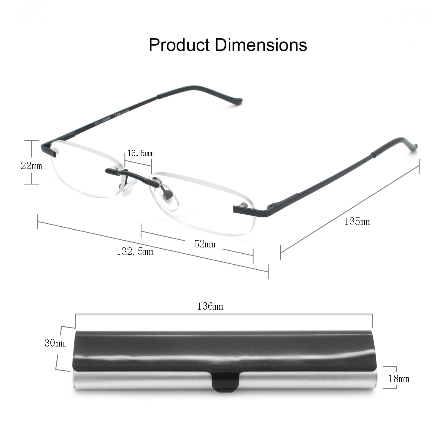 EYE ZOOM 5 Pack Compact Metal Rimless Reading Glasses with Light Slim Case for Men and Women, Black, +3.00