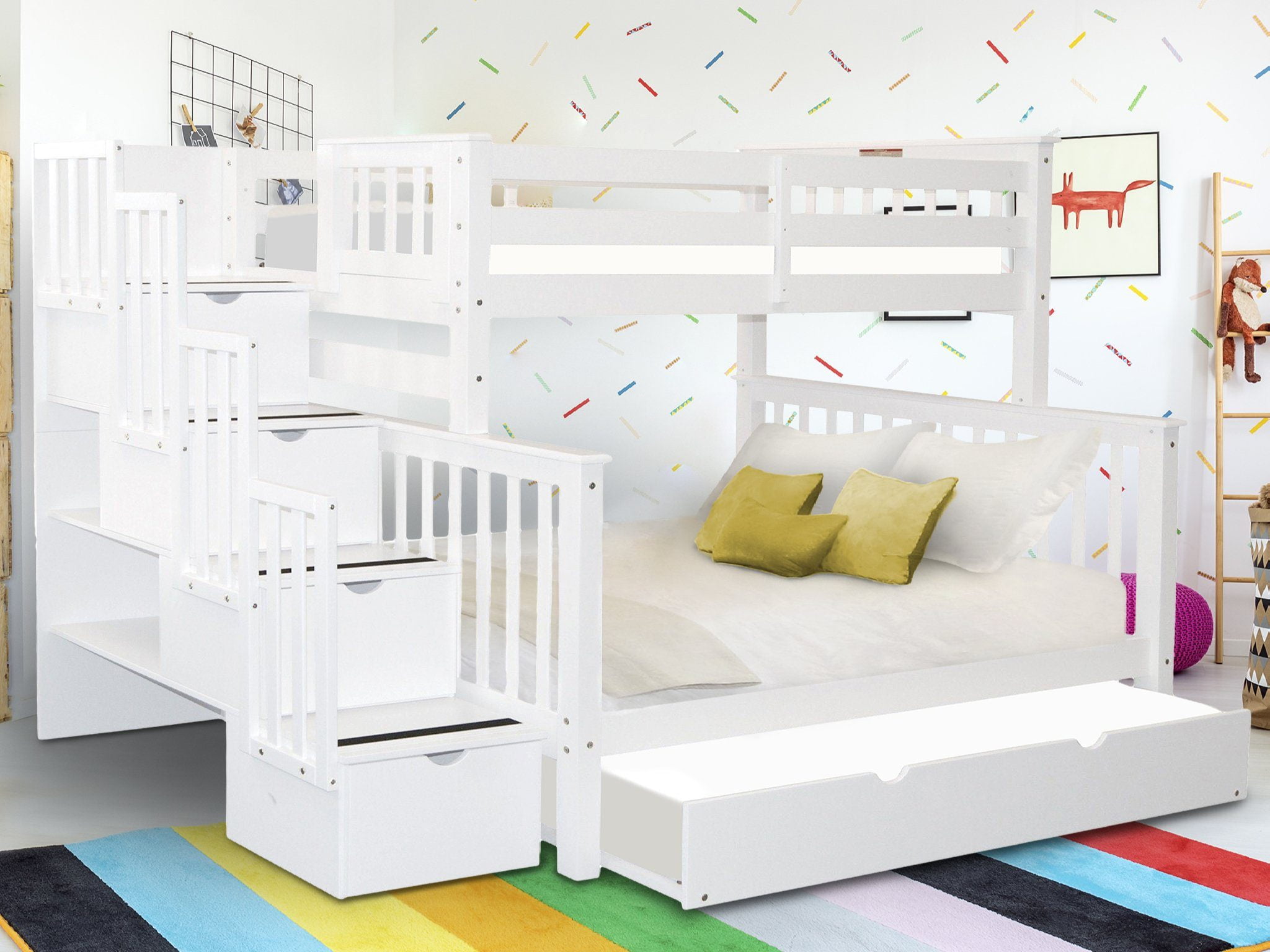 Bedz King Stairway Bunk Beds Twin over Full with 4 Drawers in the Steps