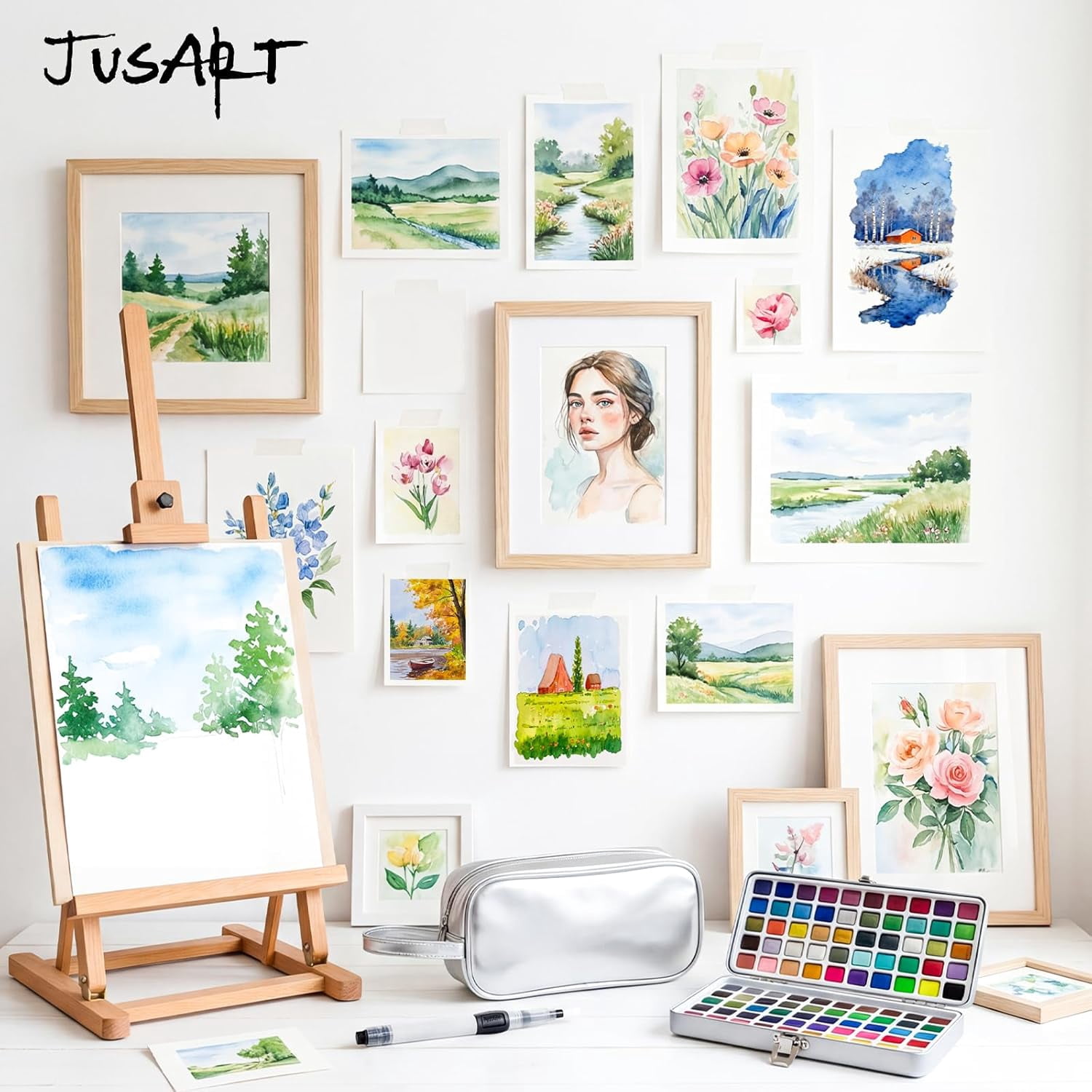 JusArt 100 Colors Watercolor Paint Set,Art Supplies with Metallic Color, Detail Painting Brushes, Water Brush Pens, Portable Travel Watercolor Painting Set for Adult, Artists, Professionals