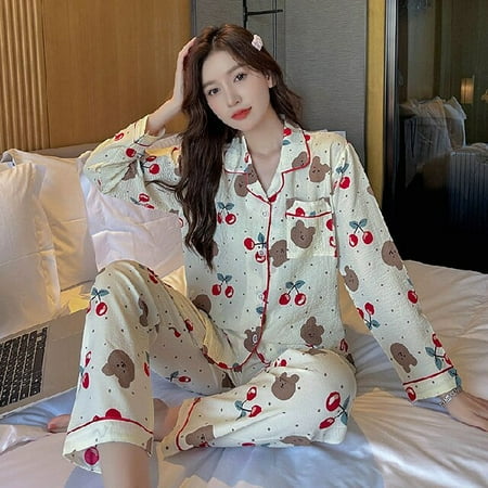

DanceeMangoo Autumn Winter New Warm Womens Pajamas Long-sleeved Trousers Two-piece Set Gauze Cotton Crepe Cute Soft Homewear Suit Women