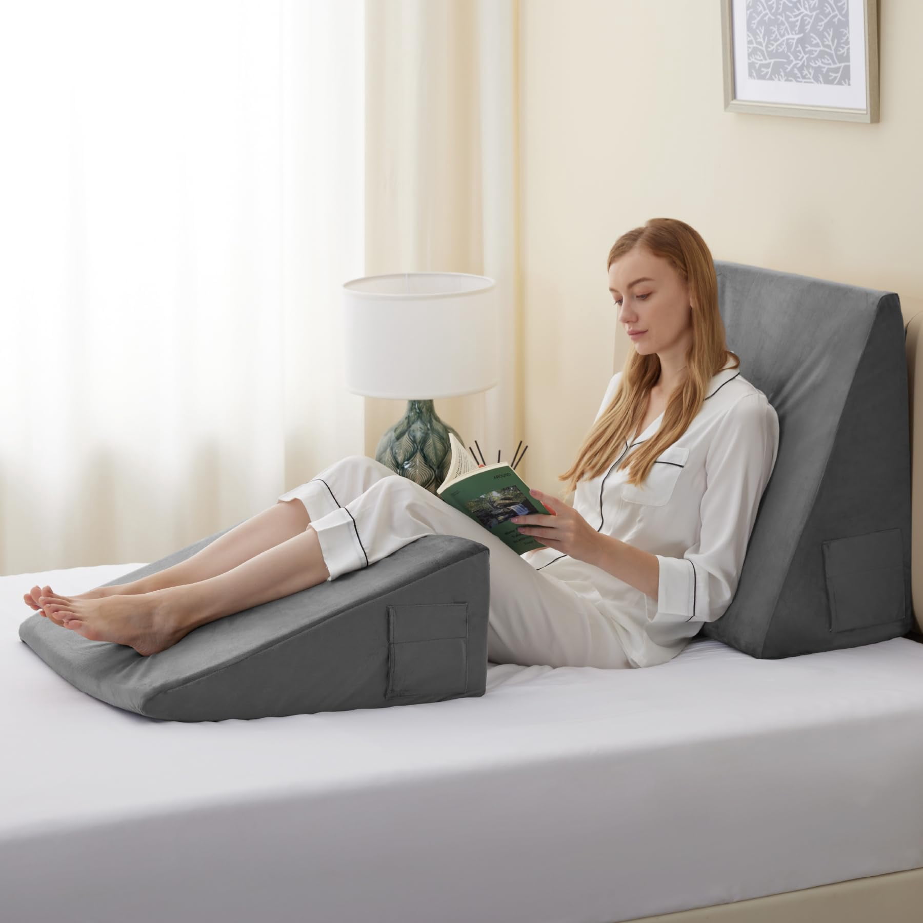 Wedge Pillow  8 Inch Bed For Headboard Acid Reflux Sleeping After Triangle - Memory Foam Top Plush Grey