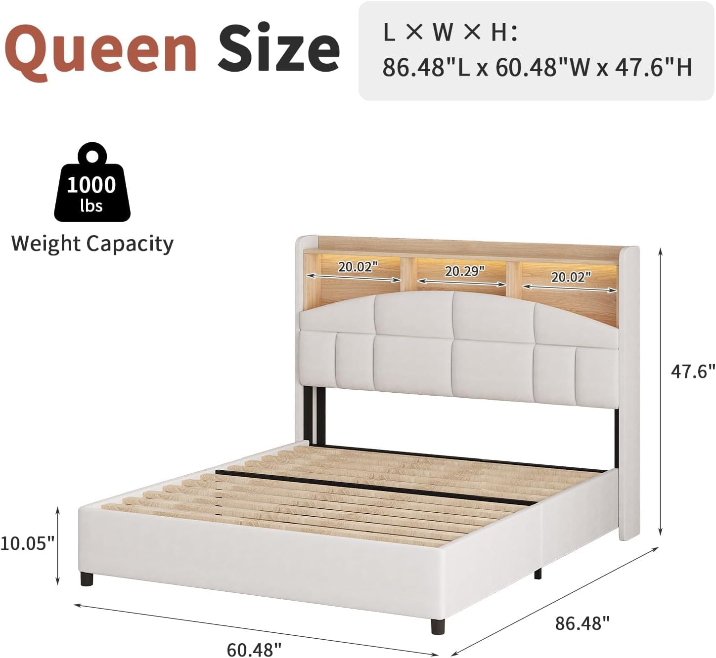 4 EVER WINNER Queen Bed Frame with Storage Headboard, Velvet Upholstered Platform Bed Frame with LED Light, White