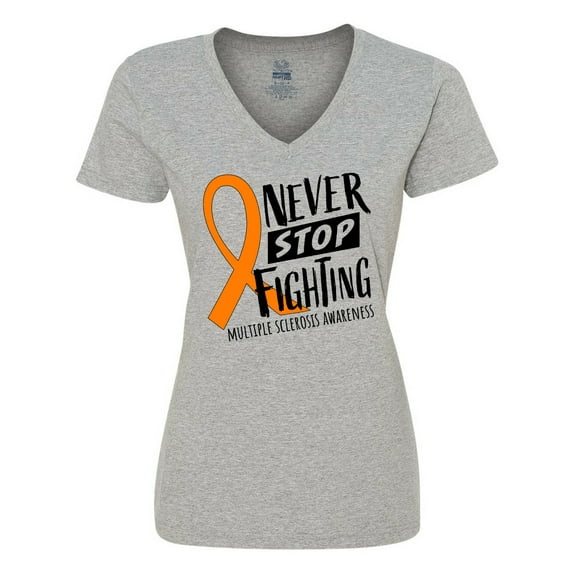Inktastic Never Stop Fighting Multiple Sclerosis Awareness Women's V-Neck T-Shirt