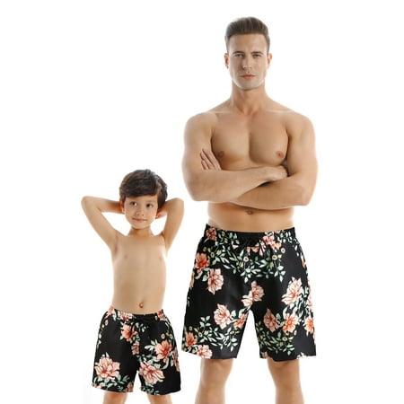 

GuliriFei Father-Son Summer Matching Swimwear Mid Waist Flower Printed Bandage Beachwear Short Pants Matching Family Bathing Suits