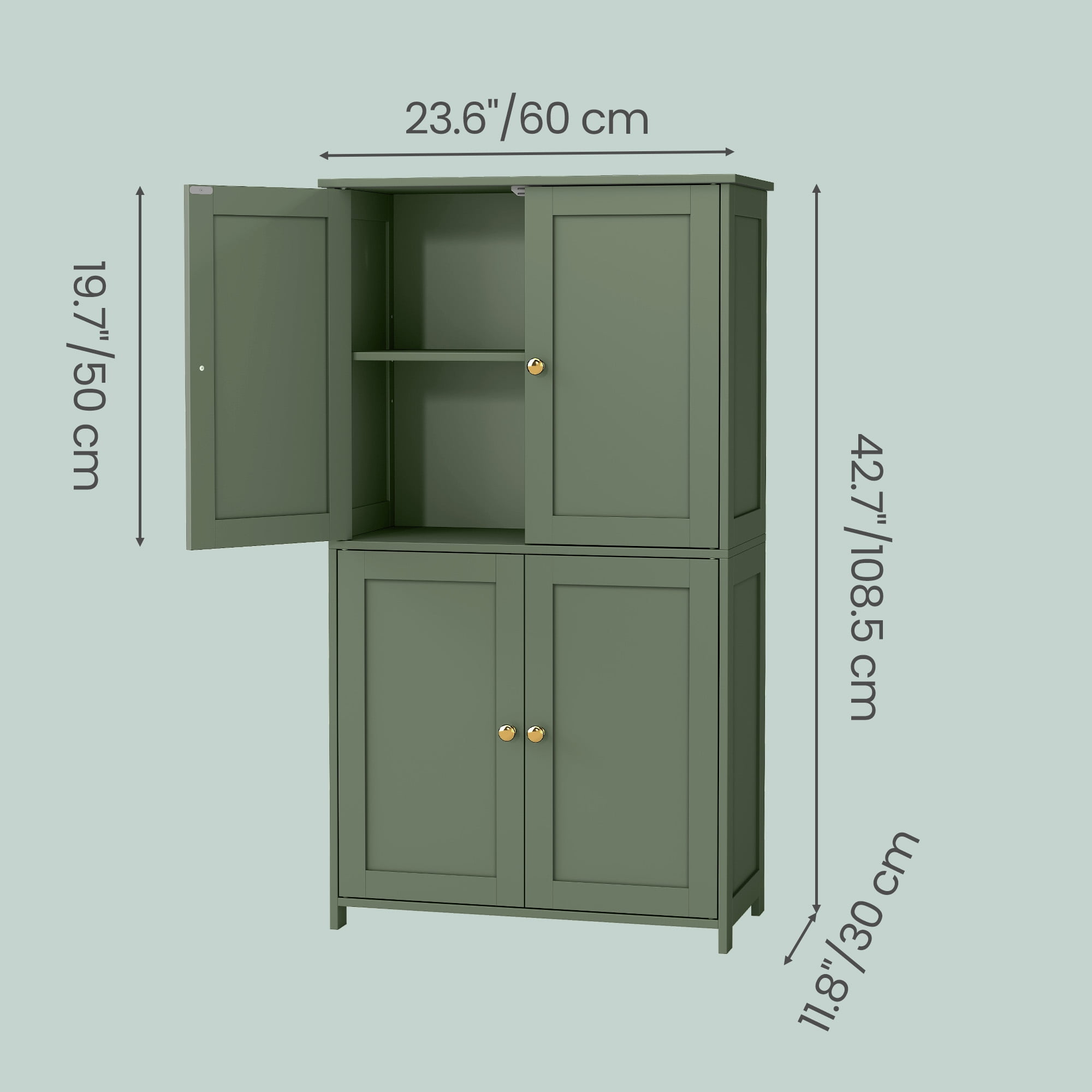 LEDREM Bathroom Storage Floor Cabinet Organizer with Adjustable Shelf 4 Magnetic Doors Freestanding for Living Kitchen Room Small Spaces,Green