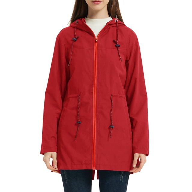 Chaquetas largas para mujer con bolsillos en la capucha Abrigo cortavientos con cremallera Abanopi Rojo/Grande