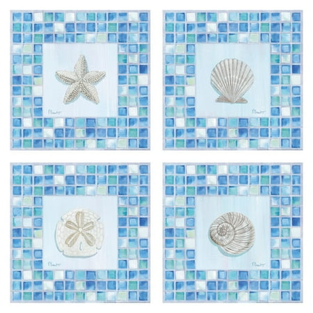 - Classic Mosaic Pattern Starfish, Scallop, Moonshell, Sandollar Posters; Set of Four 12x12 Poster Prints