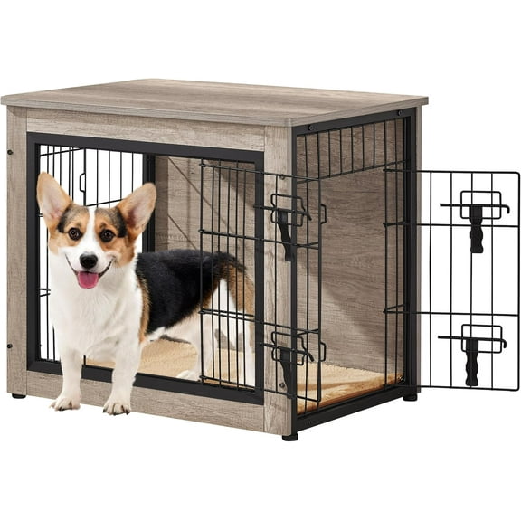 PINDEE  Dog Crate Furniture with Cushion Wooden Dog Crate with Double Doors/Adjustable Feet Side End Table for Small/Medium Dogs,27.5"L × 20"W × 24"H,Greige