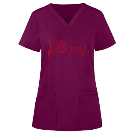 

Heart Printed Working Uniform Women Short Sleeve V Neck Tops Working Pure Color Pocket Blouse Scrubs Top Working Uniform Nurses