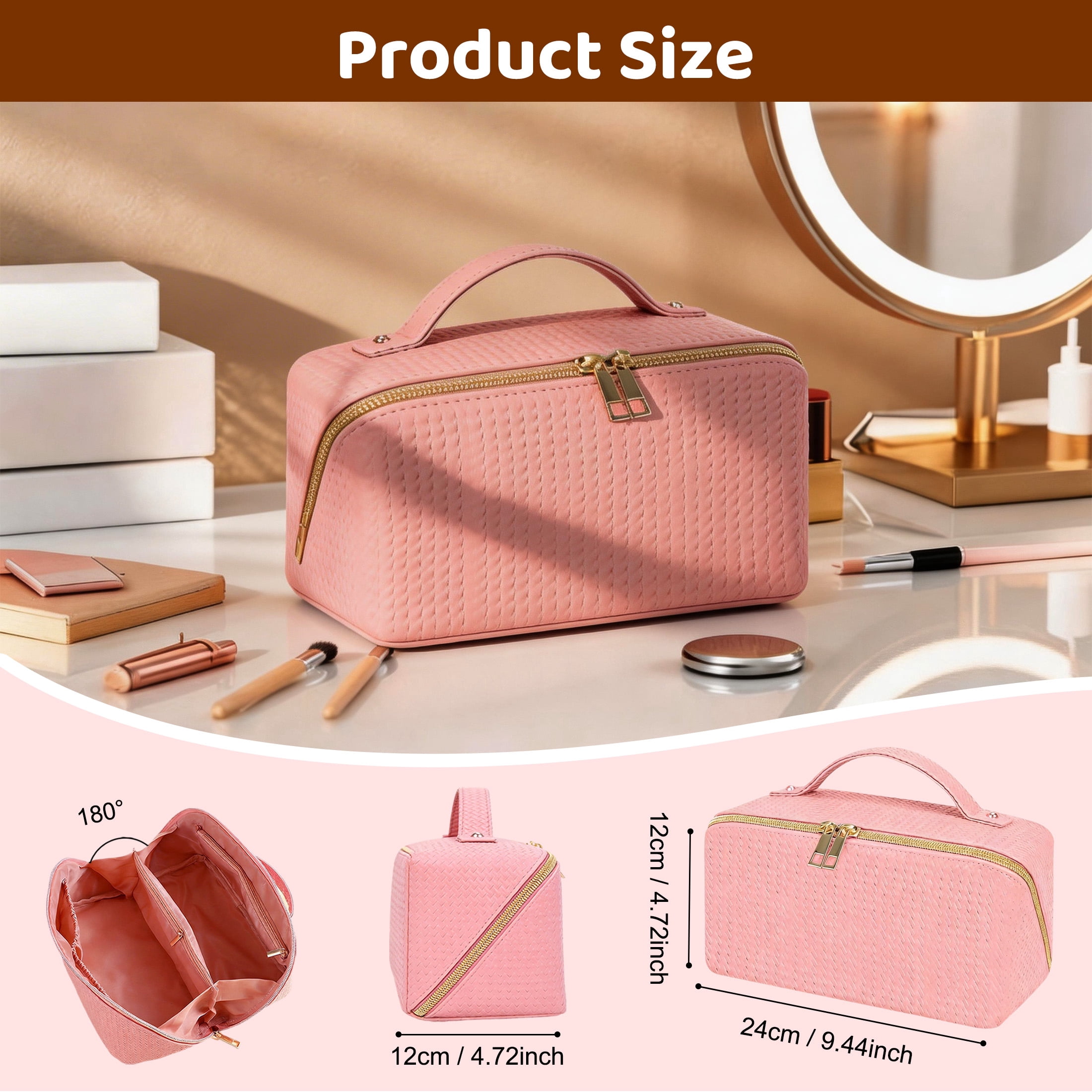 Large Capacity Makeup Bag, Travel Cosmetic Bag, PU Leather Cosmetic Makeup Bag with Handle, 180° Wide Opening Toiletry Bag for Travel, Portable Toiletry Bag for Skincare & Travel Essentials