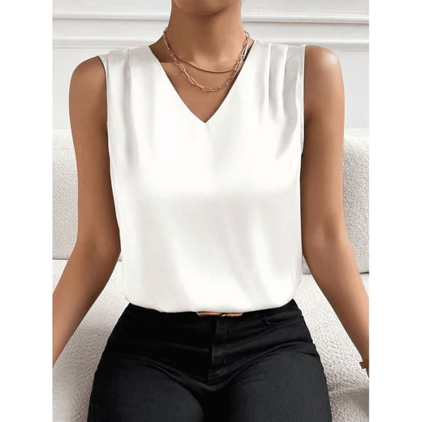 Xuyuer Women's Casual Fashion Solid Color V-Neck Satin Top, Chic Short Sleeve Blouse for Dinner Dates, Cocktail Parties and Spring Summer Evening Wear