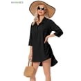 thumbnail image 3 of BadPiggies Women Swimsuit Coverups Chiffon Bikini Swimwear Beach Cover up 3/4 Sleeve Long Shirts Tunic Dress (S, Black), 3 of 7