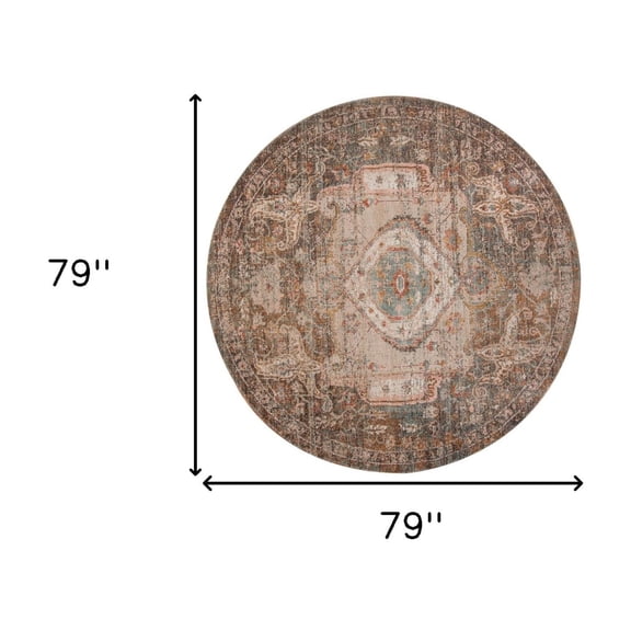 HomeRoots 532059 6 ft. Taupe Medallion Power Loom Round Area Rug with Fringe