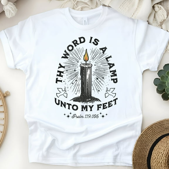 Christian Scripture T-Shirt – Thy Word Is a Lamp Unto My Feet, Psalm 119:105 Graphic Tee, White, Size S
