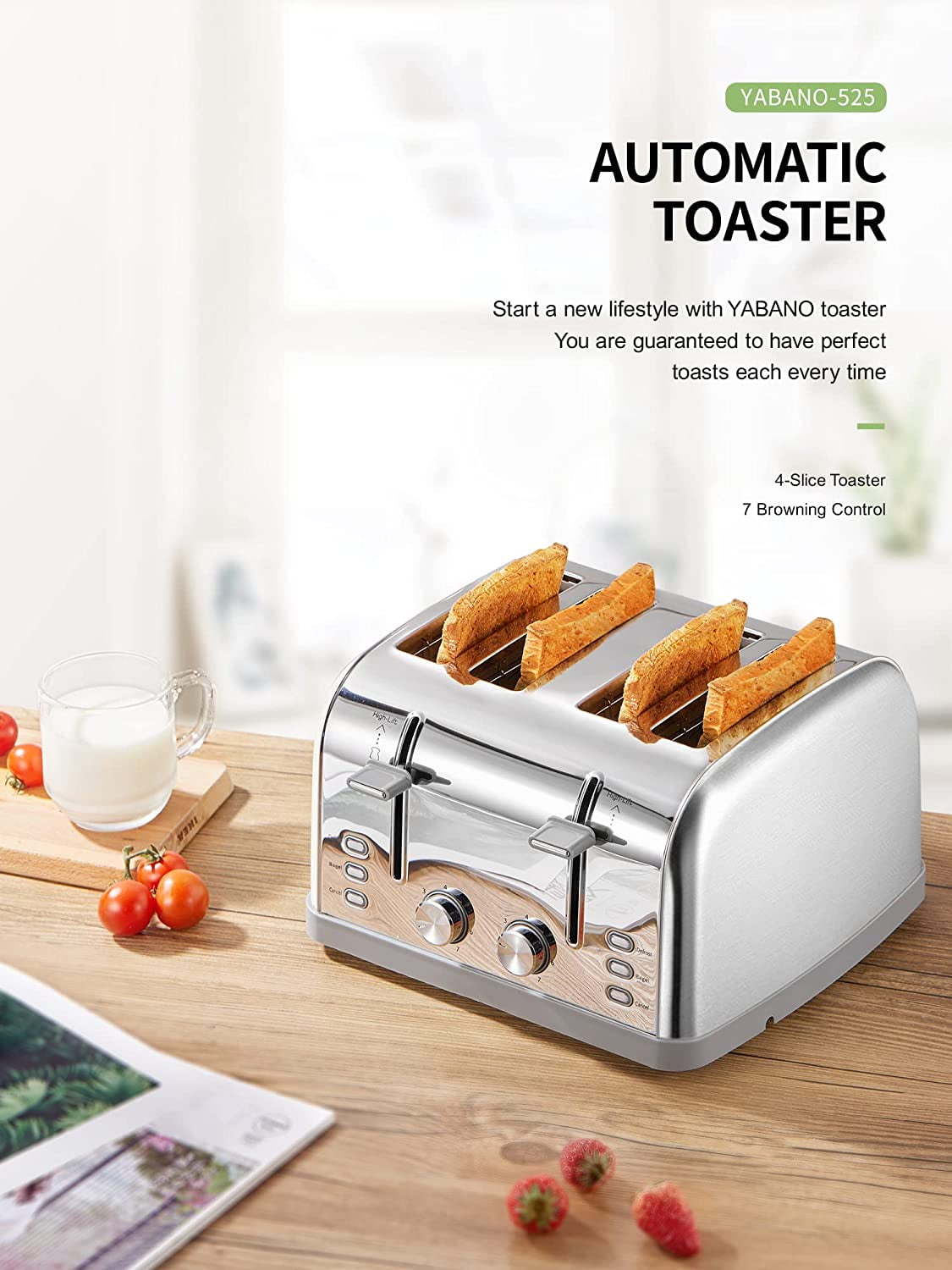 Yabano Toaster 4 Slice, Extra Wide Slots, Stainless Steel with High Lift Lever