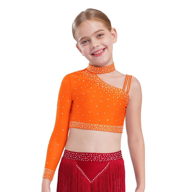 Manyakai Kids Girls Shiny Rhinestone Jazz Latin Modern Lyrical Dance Crop Tops Irregular Shoulder Orange 6