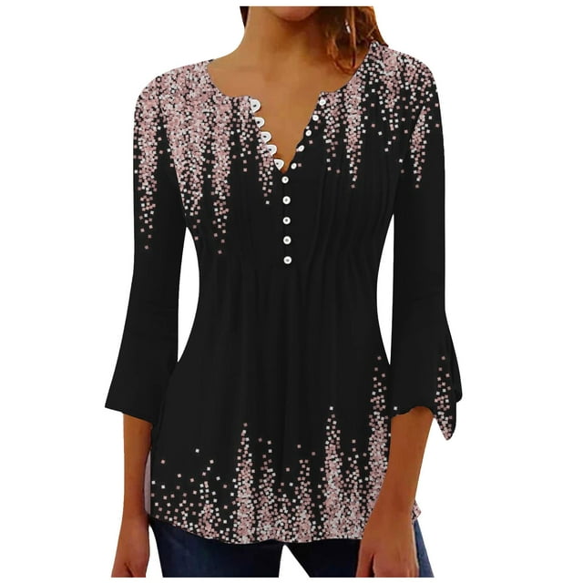 Hauts à Manches 3/4 pour Femmes Hauts Décontractés à Manches 3/4 Évasées Unis Boutonnés Basiques Froncés Tunique Corset Hauts Plissés T-Shirts Blouses T-Shirts à Manches 3/4 pour Femmes