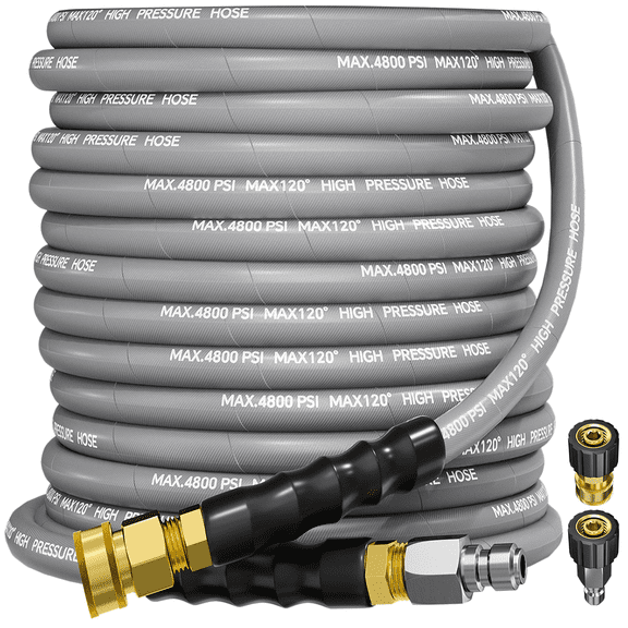 50FT 4800PSI Pressure Washer Hose 3/8 Inch Kink Resistant Power Washer Extension Hose, Flexible Heavy Duty Replacement Hose, Compatible with M22 14mm Fittings, High Tensile Wire Braid GY