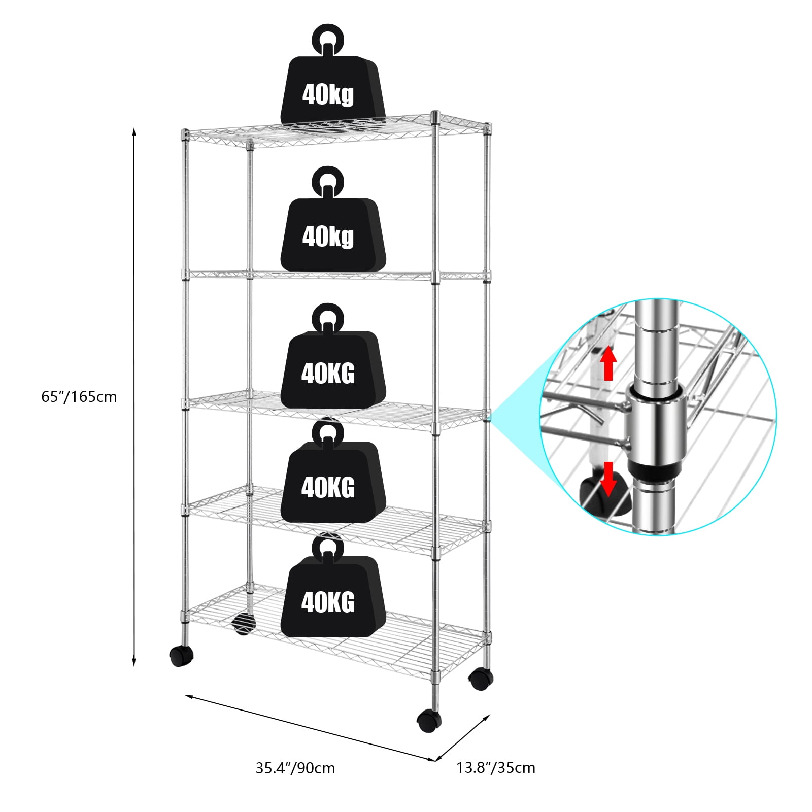5-Layer Shelf with 1.5" Nylon Wheels, Chrome Plated Iron, 165*90*35cm