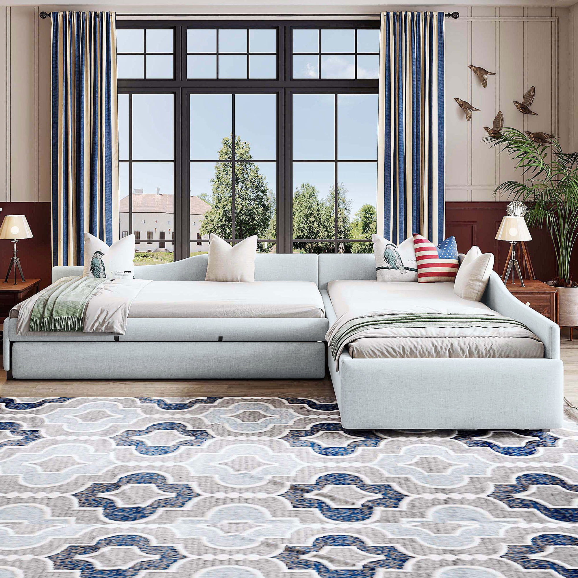 Alvantor Double Twin Daybed with Trundle and Drawer, L-Shaped Upholstered Sofa Bed for Living Room Bedroom, Beige