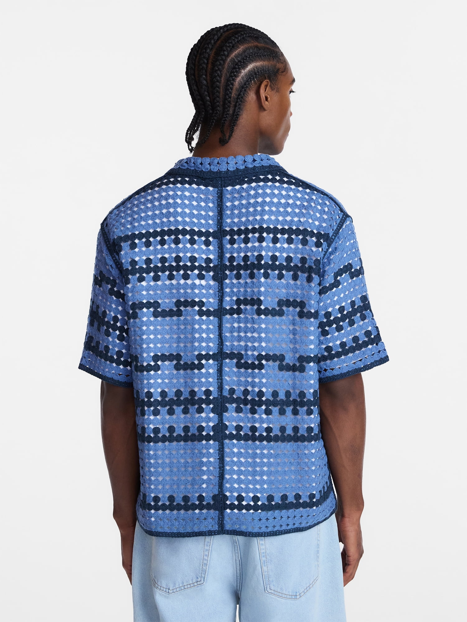 No Boundaries Men's Faux Crochet Boxy Fit Button Up Polo Shirt, Sizes XS-3XL