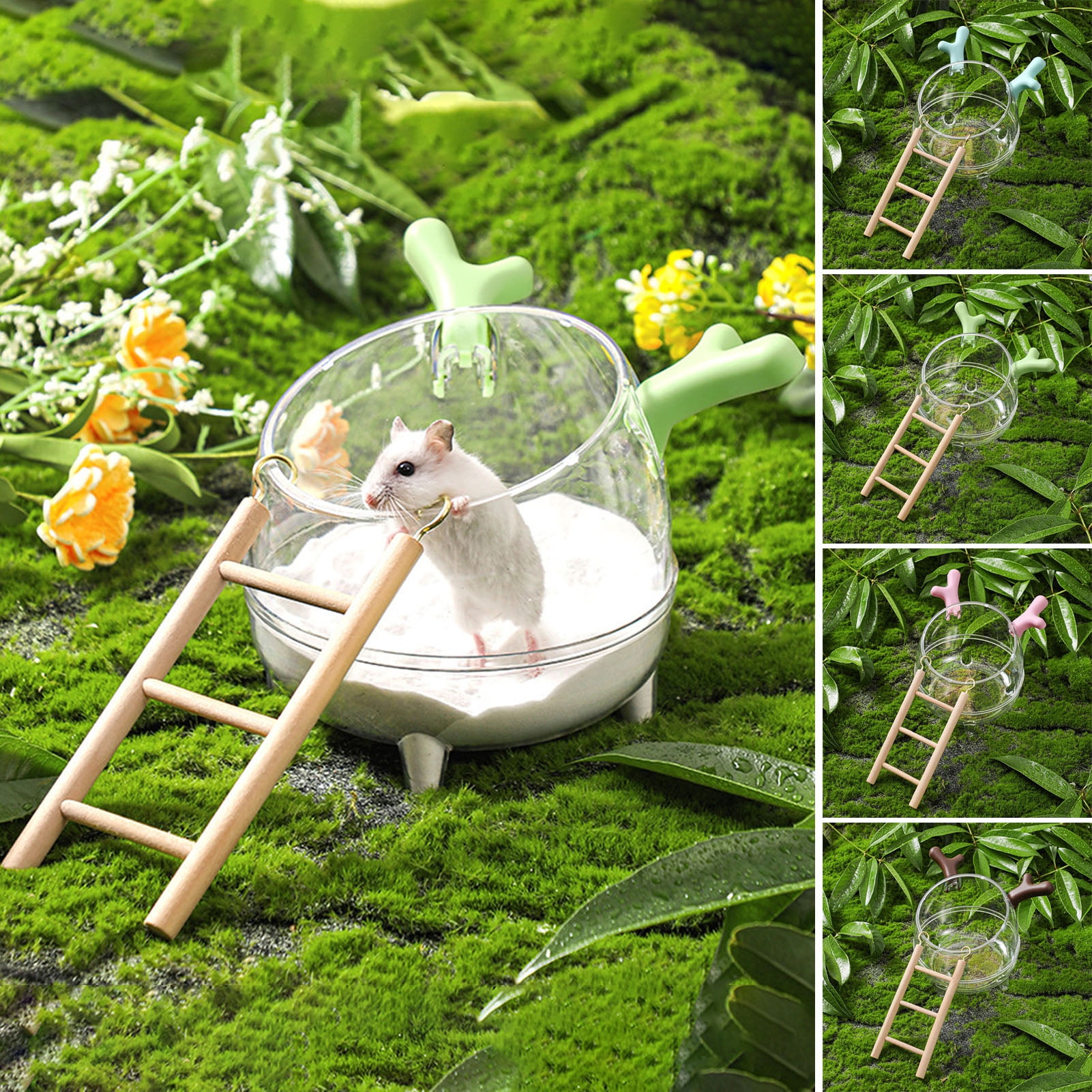 Hamster Sand Bath House with Ladder Transparent Stress Relief Small Animal Digging Box Cartoon Shape Easy Access Playhouse for Mice Gerbil Ferret-Brown