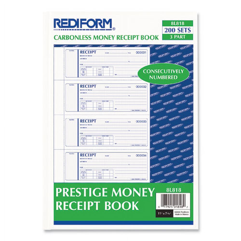 Money Receipt Book, Three-Part Carbonless, 7 X 2.75, 4/page, 200 Forms | Bundle of 2 Each