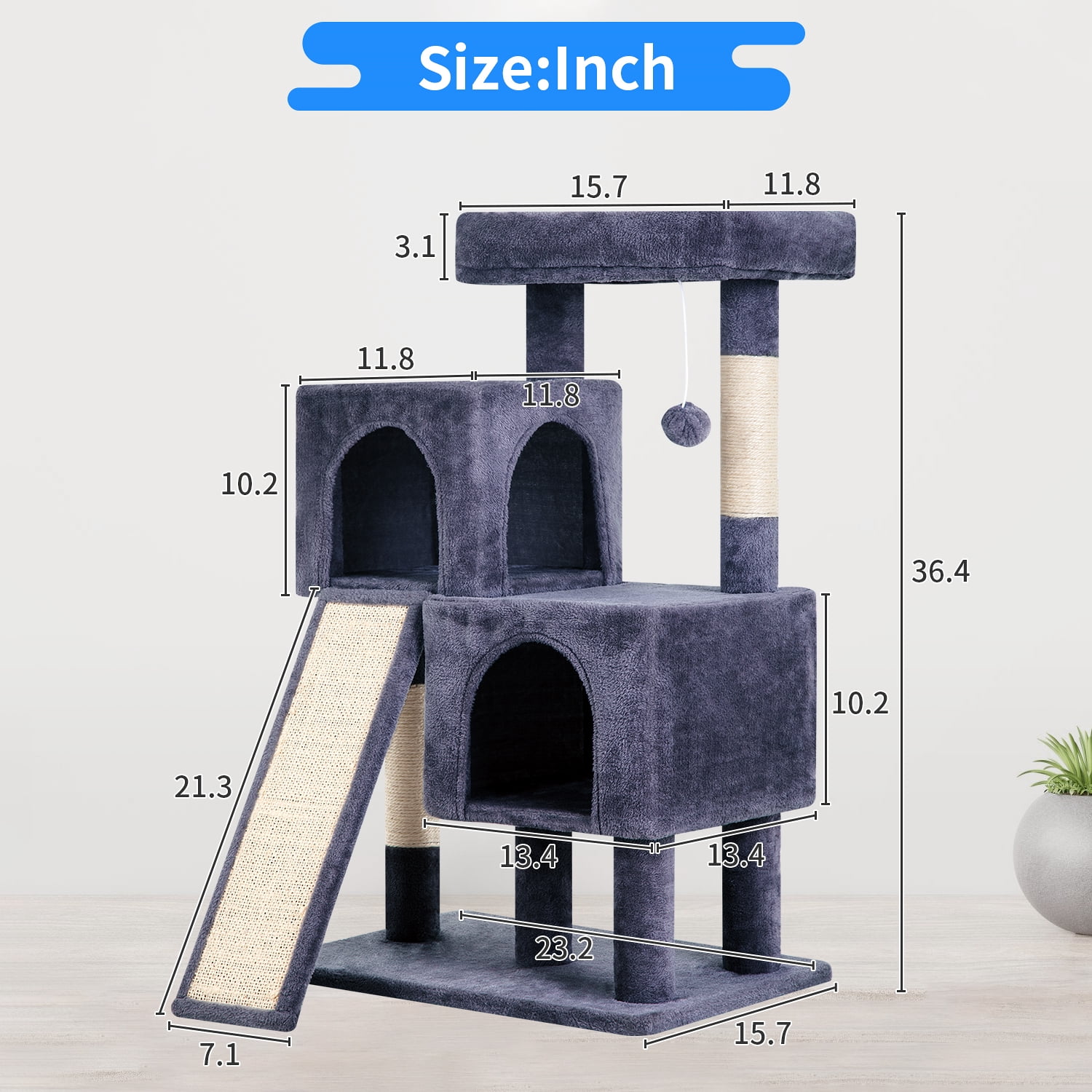 YRLLENSDAN 36 inches Cat Tree for Indoor Cats Cat Tower with Scratching Posts Multi-Level Cat Furniture Condo with Ramp, Perch Spacious Cat Cave & Funny Toys for Kittens House,Dark Grey